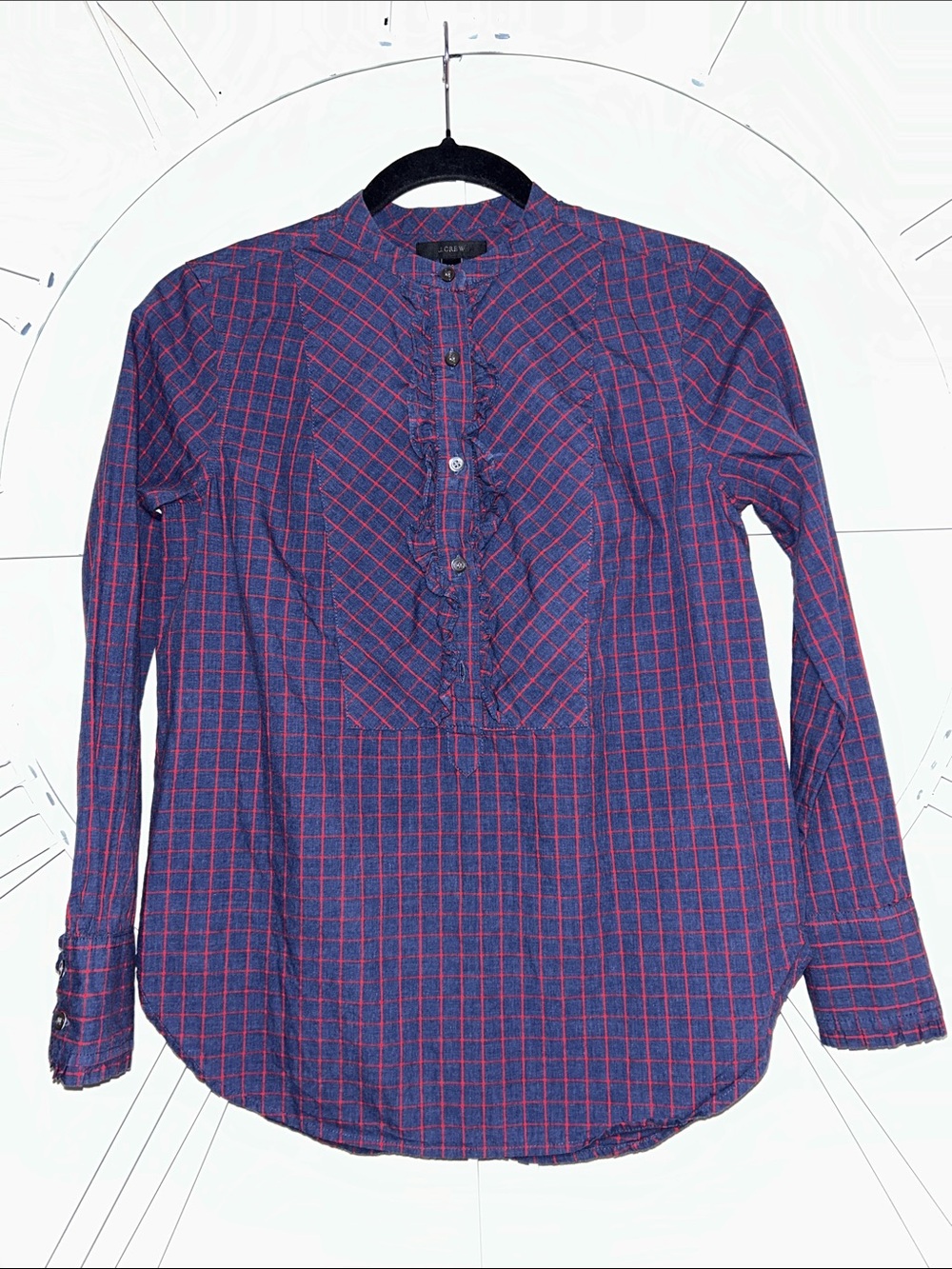 J. Crew 100% Cotton Blue and Red Plaid Bib Style Front Mandarin Collar Blouse